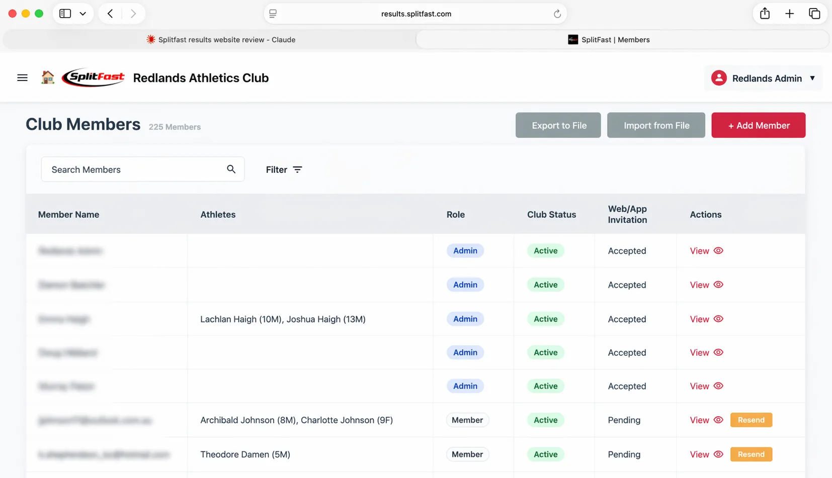 SplitFast Results Portal Club Members list